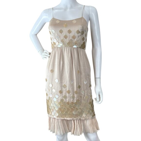 FENDI Italy 100% Silk Sequined Pleated Hem Cocktail Slip Dress Beige Size 40 - Picture 1 of 16